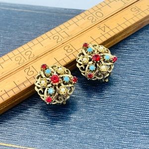 Vintage clip on earrings gold red turquoise rhinestones intricate